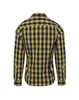 A checked button-up shirt in yellow and navy, featuring long sleeves and a collar. Includes a logo detail.