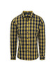 A button-up shirt featuring a yellow and black check pattern, with long sleeves and a logo on the sleeve.