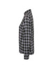 A side view of a women's black and grey checked button-up cotton long sleeve shirt, featuring a logo on the sleeve.
