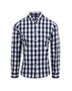 A long-sleeve, button-up shirt featuring a navy and white check pattern, complete with a logo.
