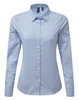 A blue and white check button-up shirt with a collar and long sleeves, featuring a logo.