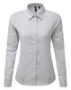 A women's long-sleeve button-up shirt in a grey check pattern with a collar and a logo.