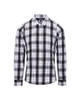 A black and white check flannel button-up shirt with long sleeves and a collar. It features a logo on the chest.