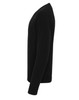 A black essential v-neck sweater displayed from the side, highlighting its slim fit and long sleeves.