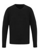 A black Essential V-Neck Sweater with long sleeves and a V-neck design, featuring a logo.