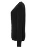 A black women's essential cardigan displayed from the side, featuring a button front and long sleeves.