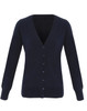 A navy blue women's essential cardigan with a V-neck and button closure, featuring long sleeves.