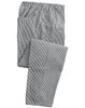Pull-on chef's trousers in black and white check pattern, featuring an elastic waistband and one pocket.