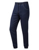 Artisan jogger bottoms in dark blue denim, featuring an elastic waistband and cuffs. Includes a logo.