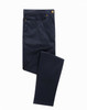 Navy blue chino jeans displayed flat, featuring a button closure and pockets, with a small logo on the waistband.