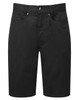 Black chino shorts with a front fly and pockets, featuring a logo on the waistband.