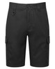 Workwear cargo shorts in black with side pockets and a belt loop detail. Features a button closure and no visible branding.