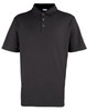 A black polo shirt featuring a classic collar and three button placket, complete with a logo.