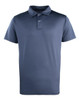 A navy blue studded polo shirt with a collar and three button placket, featuring a logo.