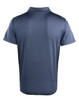 A navy blue polo shirt with a classic collar and short sleeves, featuring a logo on the back.