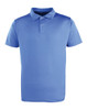 A blue polo shirt with a collared neckline and two-button placket. It features a logo on the chest.