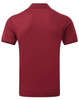 A maroon polo shirt with a classic collar and short sleeves, featuring a logo on the back.