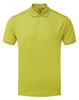 A bright lime green polo shirt with a collar and buttons, featuring a logo on the chest.