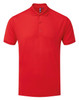 A red polo shirt featuring a collar, short sleeves, and a branding logo on the front.
