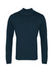 A dark blue long-sleeve polo shirt with a collared neckline and three buttons, featuring a logo.