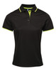 A black women's polo shirt featuring contrast lime green detailing and a collar, with a logo on the chest.