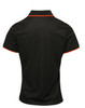 A women's black polo shirt featuring contrast orange piping and a logo. Suitable for casual or sport wear.