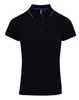 A women's black polo shirt featuring contrast purple trim and a logo on the chest. Short sleeves and a classic collar.