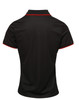 A black women's polo shirt featuring red contrast detailing and a branded logo on the back.