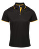 A black polo shirt with contrasting yellow collar and sleeve trims. It features a logo on the chest.