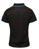 A women's black polo shirt with contrast turquoise piping and a logo on the front.