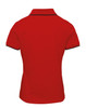A red women's polo shirt with contrast detailing, featuring a collar and short sleeves. It has a logo on the front.