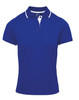 A women's polo shirt in royal blue with contrasting white collar and placket, featuring a logo.