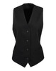 A women's lined polyester waistcoat in black, featuring a button front and two pockets. Includes a logo.