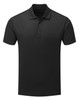A black polo shirt with a classic collar and three buttons, featuring a logo on the chest.