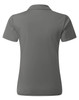 A grey women's polo shirt made from recycled materials, featuring a collar and short sleeves. It has a logo on the back.
