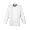 A white chef's jacket with a double-breasted design and long sleeves. The jacket features a logo on the collar.