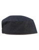 A dark denim chef's skull cap with a flat top and stitched seams, featuring a branding logo.