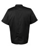 A black chef's jacket with short sleeves, featuring a simple design and a back view. It has a logo.