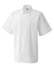 A short-sleeved white chef's jacket featuring double-breasted buttons and a logo. Suitable for culinary professionals.