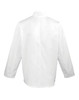 A white chef's jacket with long sleeves, featuring a simple design and a logo on the back.