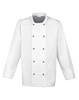 A white chef's jacket with a double-breasted design and black buttons, featuring long sleeves and a collar.