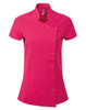 A bright pink tunic with a mandarin collar and decorative fastenings, featuring a logo.
