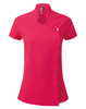 A bright pink tunic with a modern design, featuring a collar and a small logo on the side.