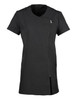 A black spa tunic featuring a zip closure and short sleeves, designed for beauty and wellness professionals.