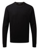 A black crew neck sweater with long sleeves and a ribbed hem, featuring a logo on the neckline.