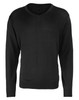 A black V-neck sweater featuring long sleeves and a fitted design. The garment has a subtle logo on it.