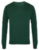 A green V-neck sweater with a fitted design and long sleeves. It features a simple logo on the neck.