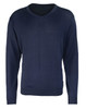 A navy V-neck sweater with long sleeves and a slim fit design. Features a simple, classic style.
