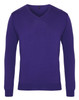 A purple V-neck sweater with long sleeves and a logo on the tag. The fabric appears smooth and untextured.