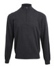 A dark grey 1/4 zip sweater with long sleeves and a collar. It features a small logo on the upper left side.